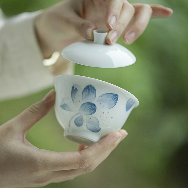 墨己 有田烧手绘莲瓣盖碗玉泥泡茶碗功夫茶具家用两才薄胎盖碗