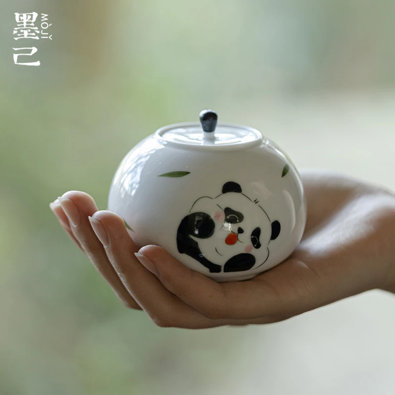 墨己 玉泥手绘熊猫小茶叶罐功夫茶具配件迷你陶瓷储物罐小茶罐子