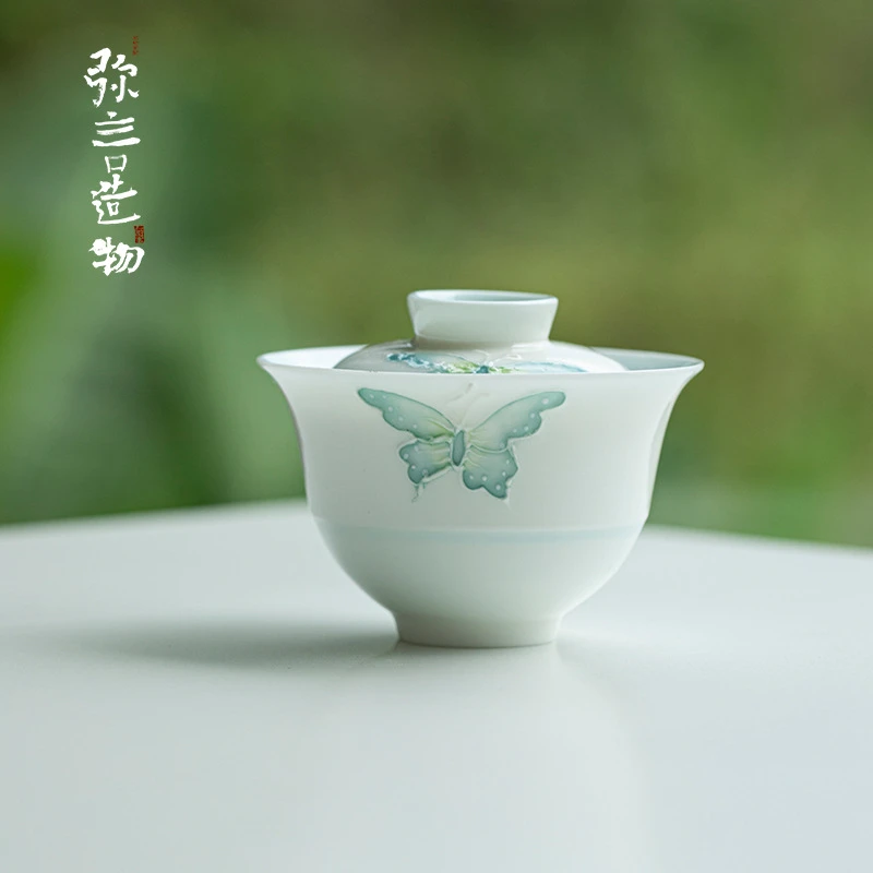 弥言釉下彩手绘蝴蝶盖碗纯手工陶瓷薄胎泡茶碗茶杯不烫手功夫茶具