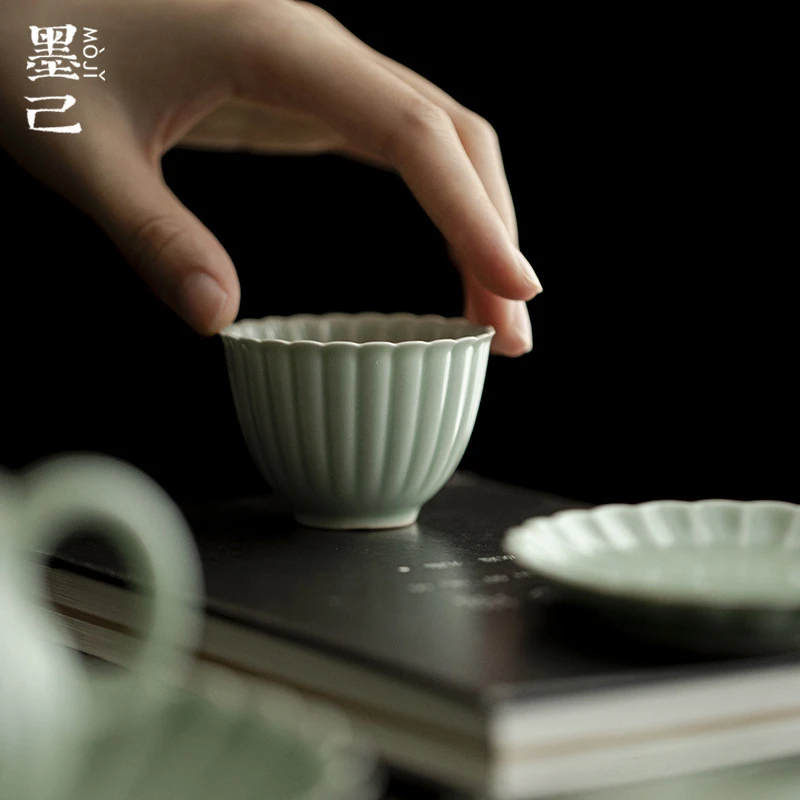 墨己 豆青汝釉筋纹菊瓣茶杯功夫茶具仿宋菊口品茗杯家用陶瓷小杯