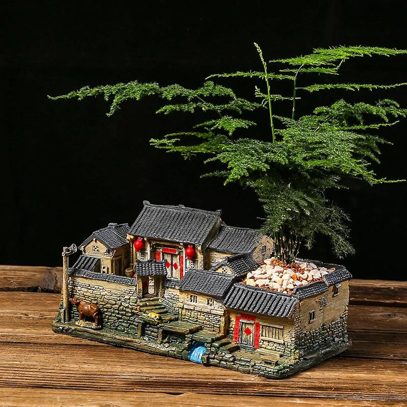 中式复古微景观老房子花盆造景创意盆栽室内多肉植物文竹盆景摆件
