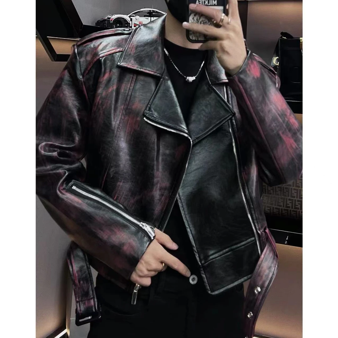 外套D256男士秋冬高品质设计师款安可拉红翻领皮衣外套