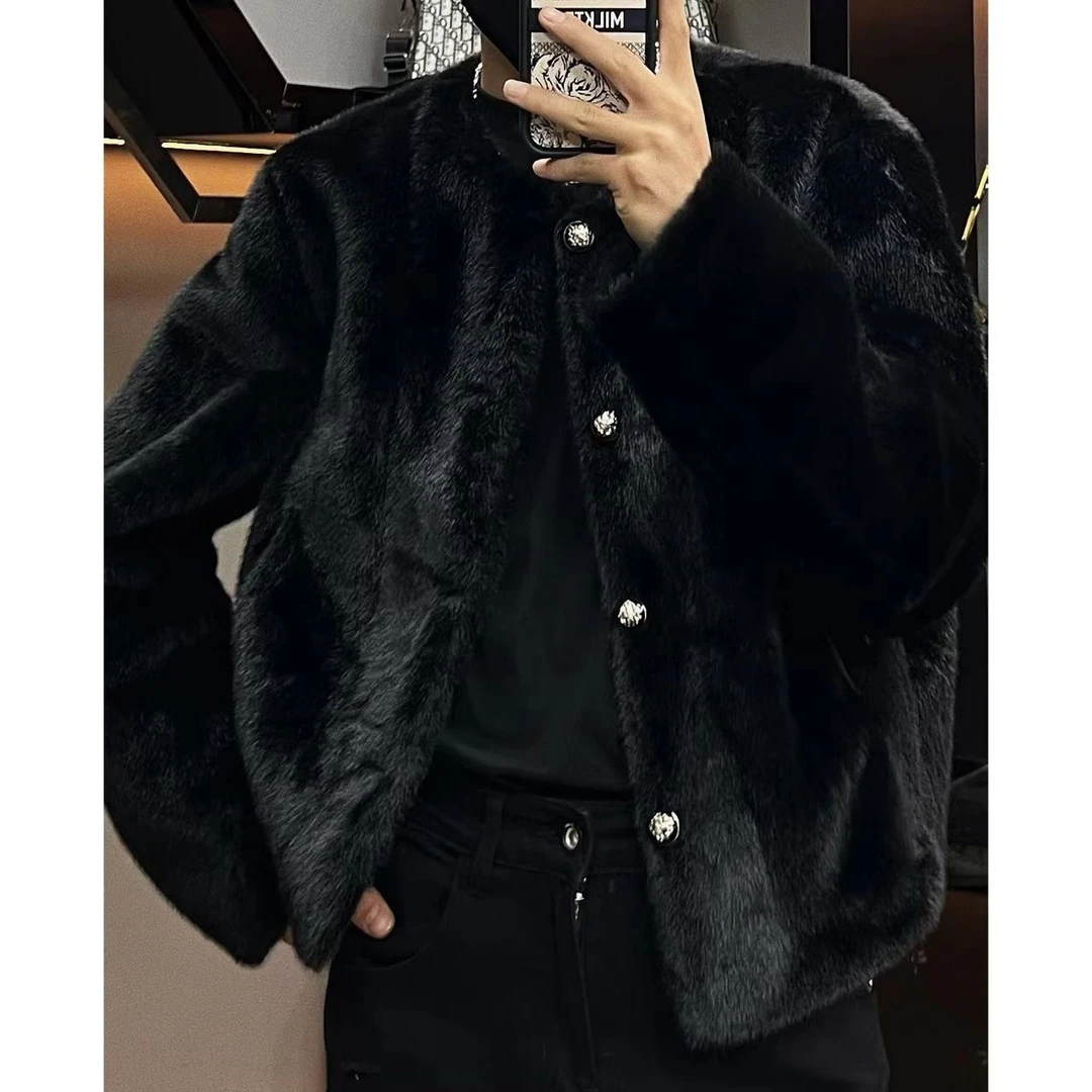 外套【两面穿】30352男士冬季高品质毛毛无领加厚短款外套