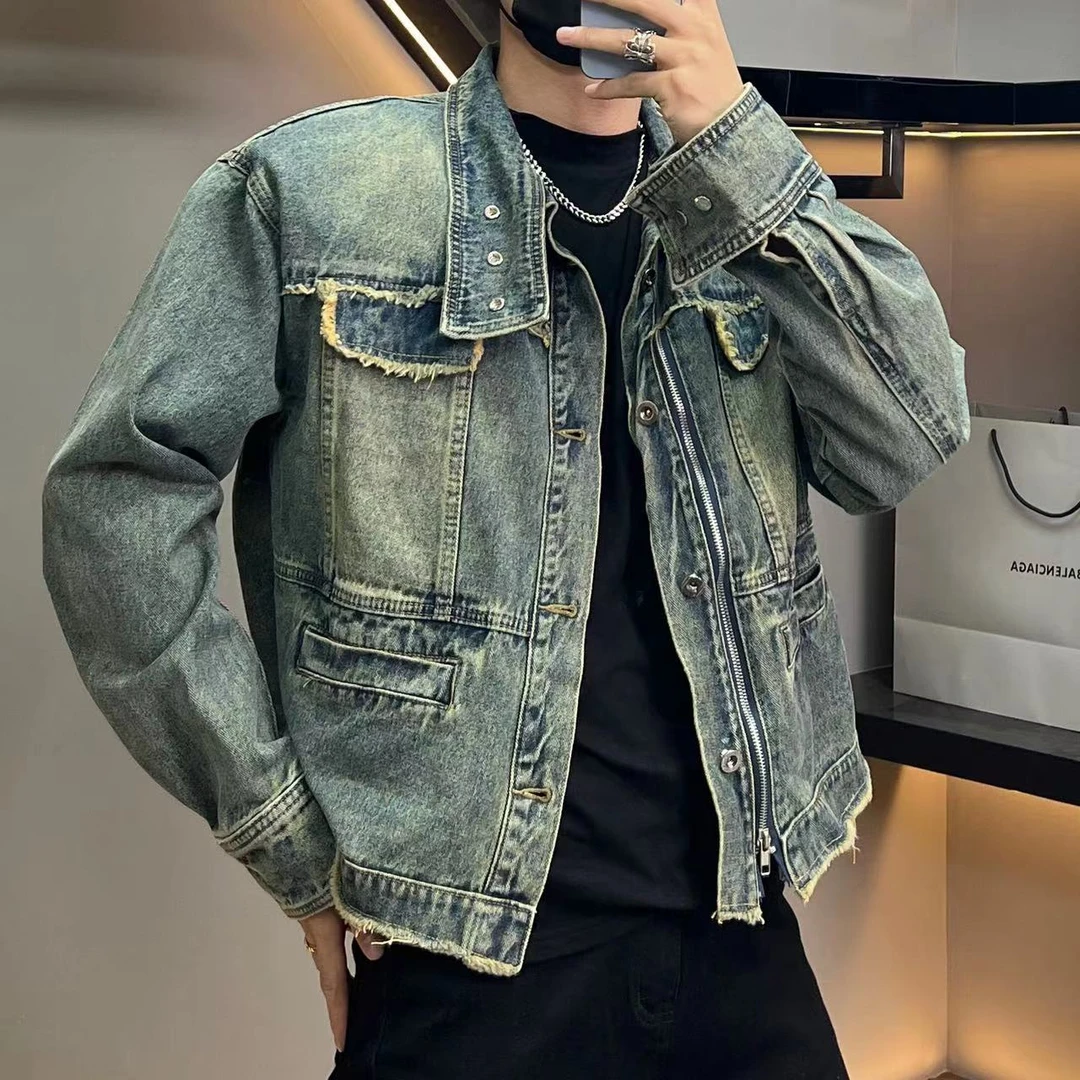 牛仔外套Z368男士秋季高品质机车风水洗磨毛做旧复古牛仔外套潮流