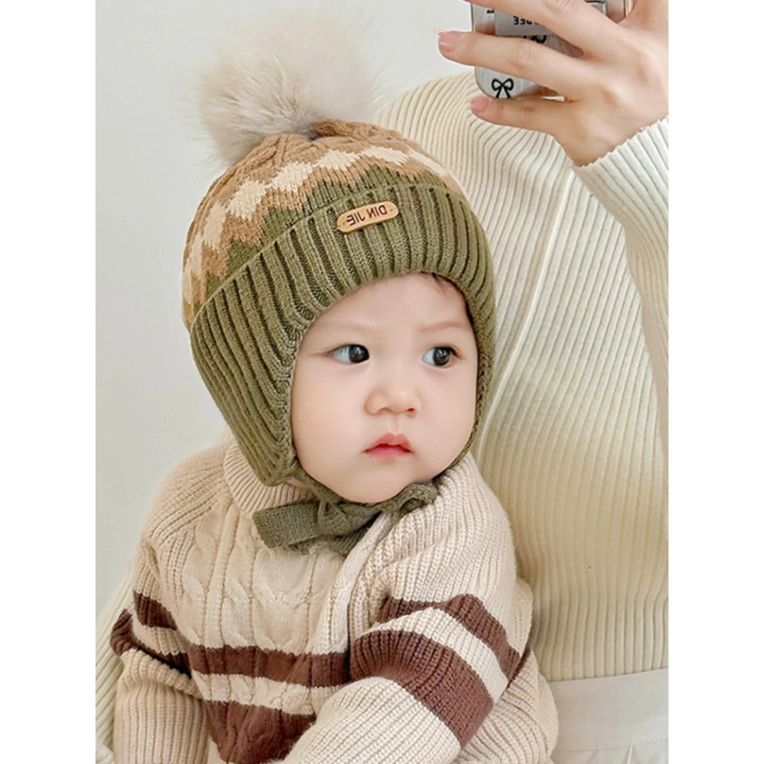 宝宝毛线帽秋冬季韩版大毛球针织护耳帽可爱男童女婴幼儿防风保暖
