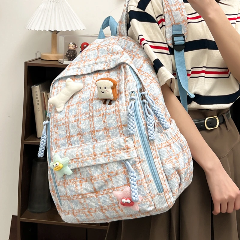 小清新格子书包初中生小学生韩版2024新款双肩包大容量6年级背包