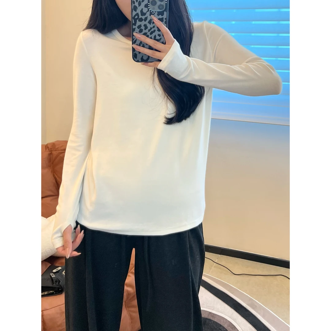 【WEN】 闭眼入软糯长袖拇指扣t恤女秋季新款圆领打底衫纯色111