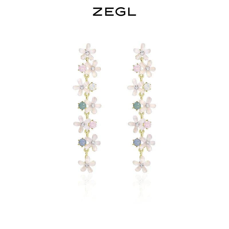 ZEGL 铜合金合成锆石耳饰 花朵流苏森系少女925银针夏天耳饰