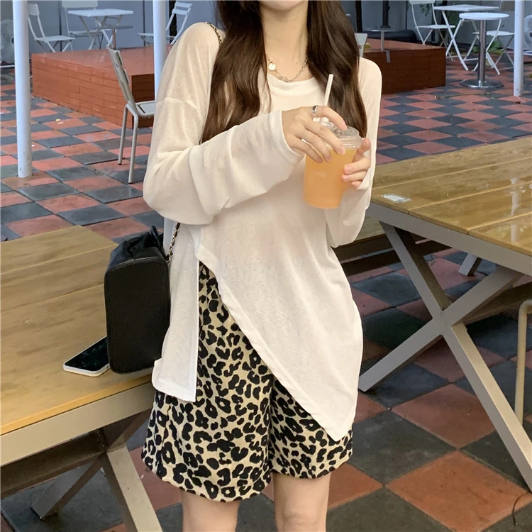 新款时尚不规则开衩防晒衫长袖薄款网纱上衣辣妹装夏季百搭罩衫潮