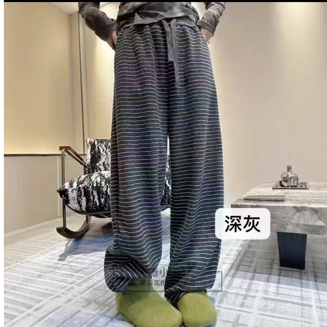 【加长无口带】2024新款百搭显瘦直筒加绒条纹阔腿休闲裤长裤