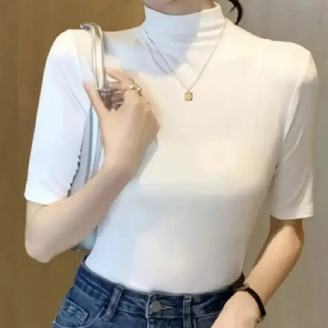 2025高品质早春新款半高领修身五分袖内搭T恤显瘦打底衫
