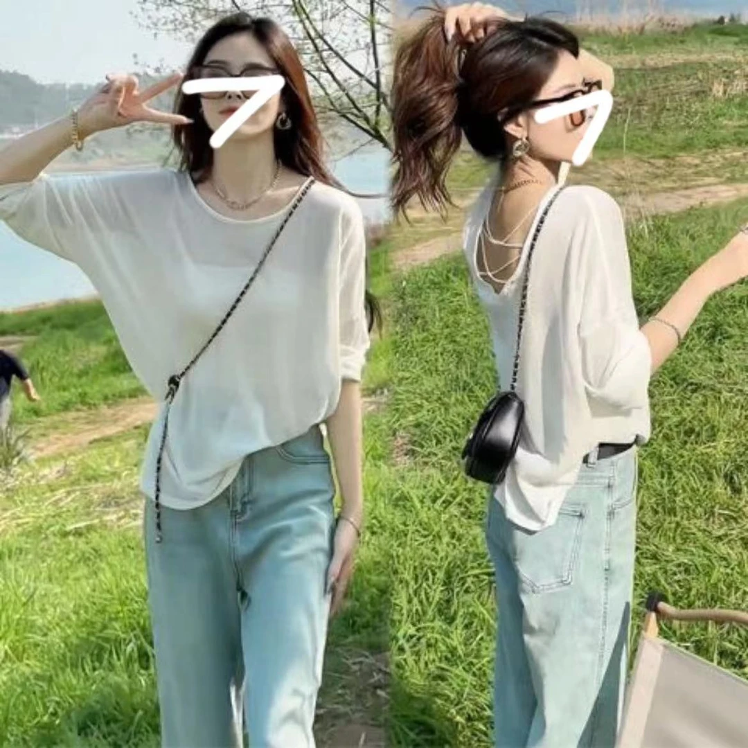 韩版前后两穿露背纯色薄上衣夏季女设计感小众交叉宽松休闲防晒衣