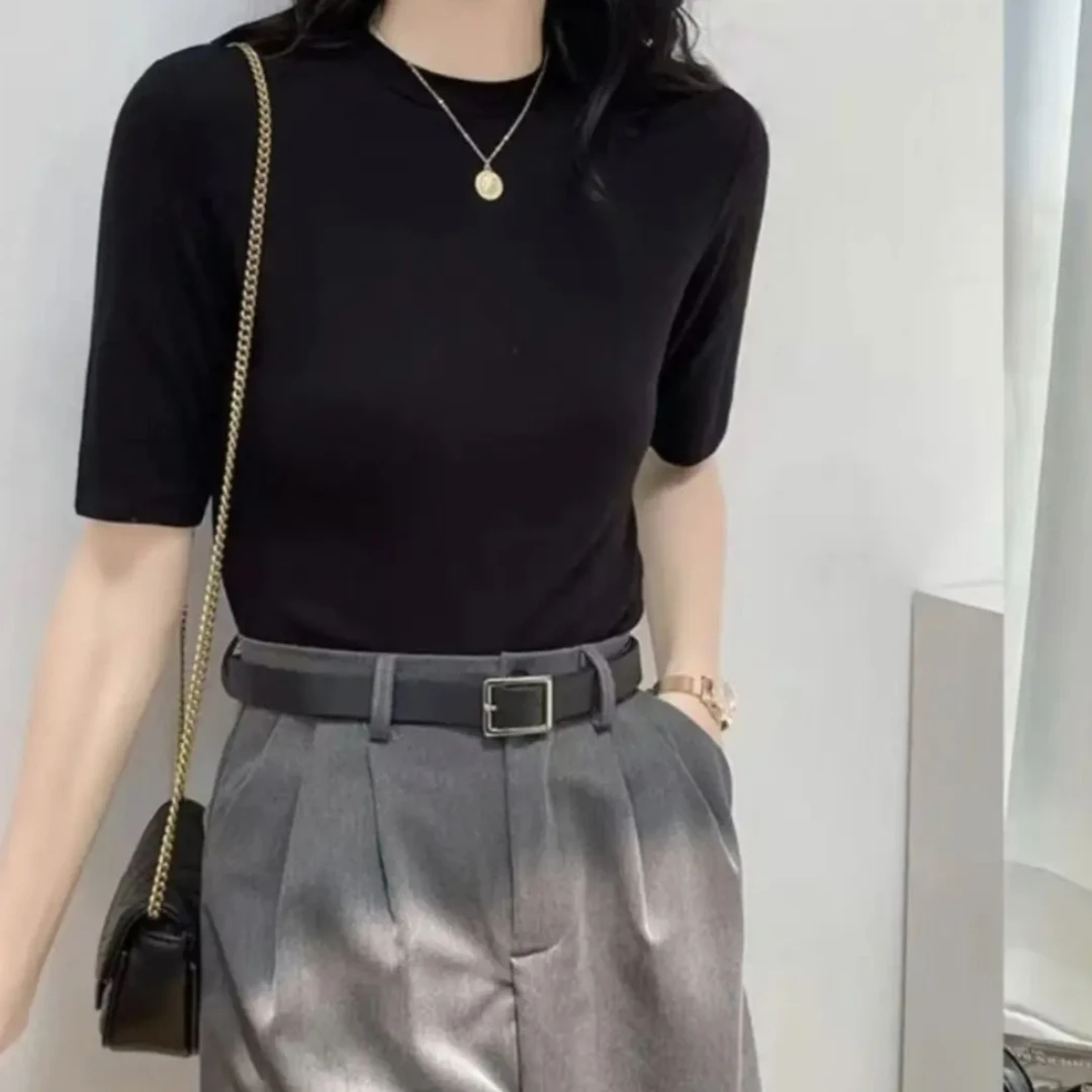 高品质秋季新品纯色圆领显瘦简约时尚百搭t恤五分袖打底衫上衣女