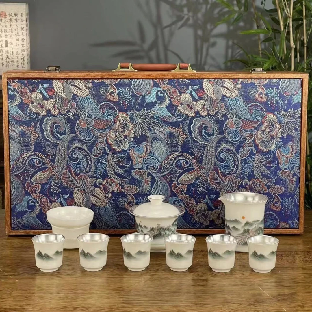 陶瓷国潮风中式创意千里江山鎏银家用高端轻奢茶具套装伴手礼2074