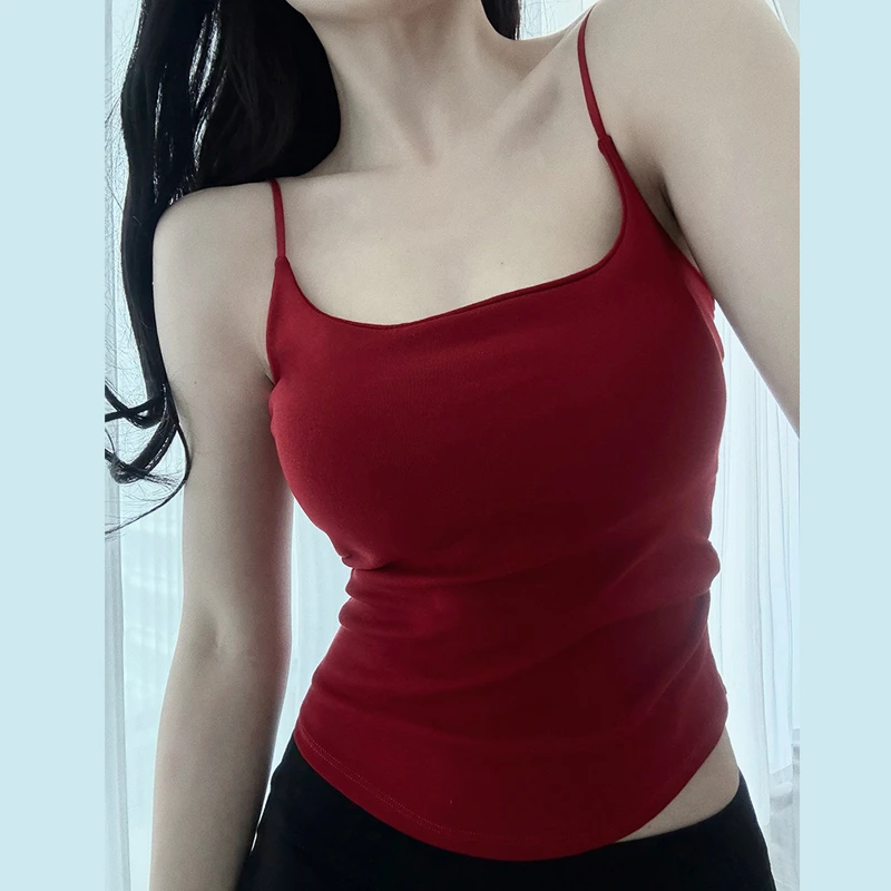夏季新百搭女背心打底显瘦显白正红色性感短款吊带背心带胸垫外穿