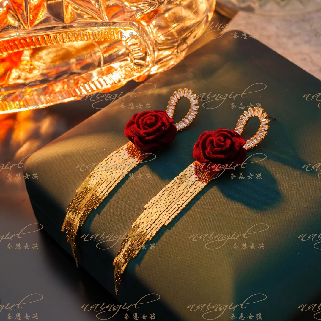 铜合金树脂耳饰 925银针【玫瑰故事】新款复古女人味轻奢耳环E3084