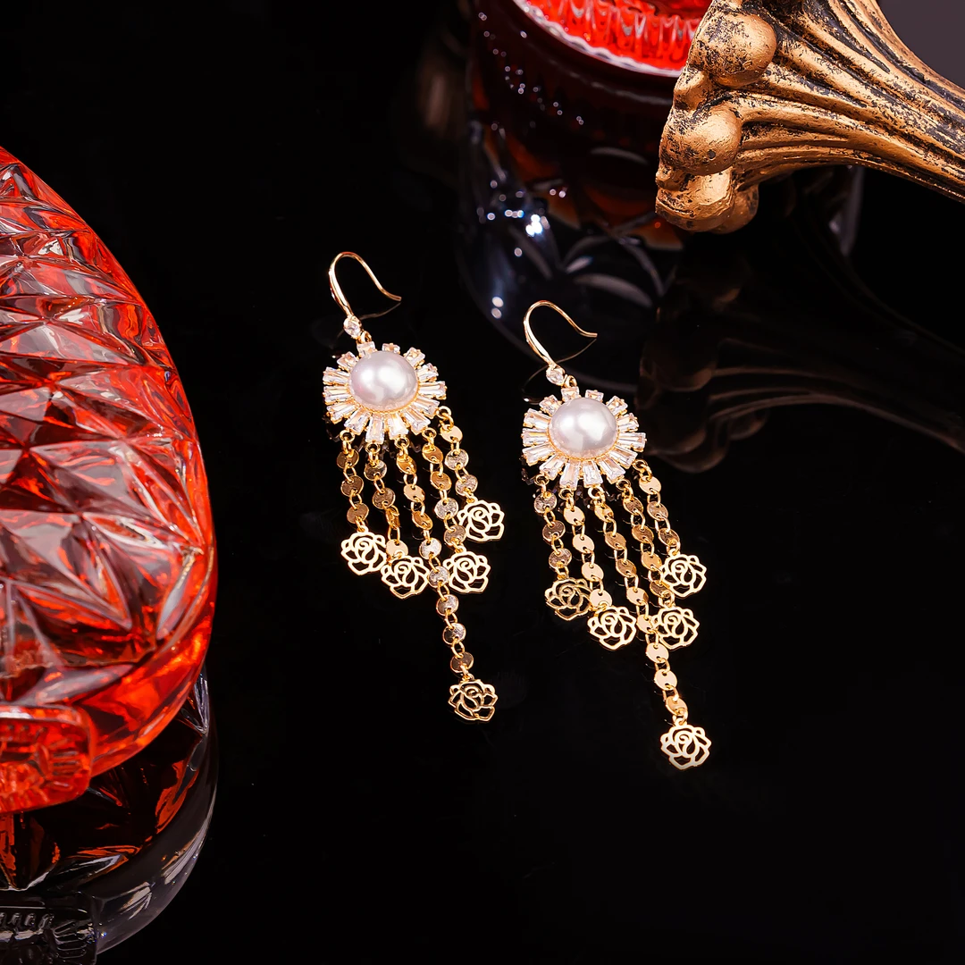 铜合金耳饰 仿珍珠耳饰E3078【芳华】小众时尚设计师款流苏百搭耳环