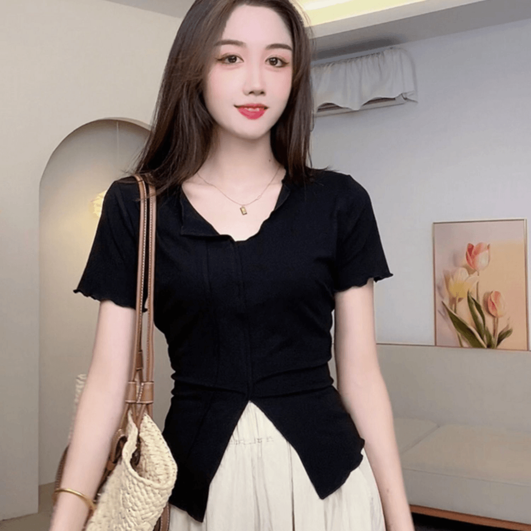 2024新款夏季修身显瘦上衣v领黑色短袖t恤裤裙两件套套装女