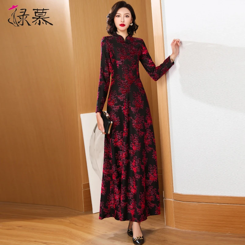 红色提花连衣裙修身显瘦气质长款2025春秋季新款高端长裙到脚踝