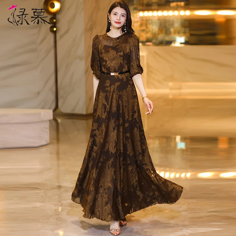 高级感咖色提花连衣裙女夏季2025新款高端精致收腰气质显瘦长裙