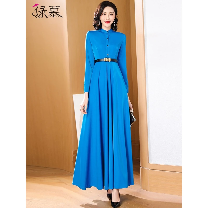 蓝色春秋气质连衣裙女2025新款小立领时尚减龄高级感收腰显瘦长裙