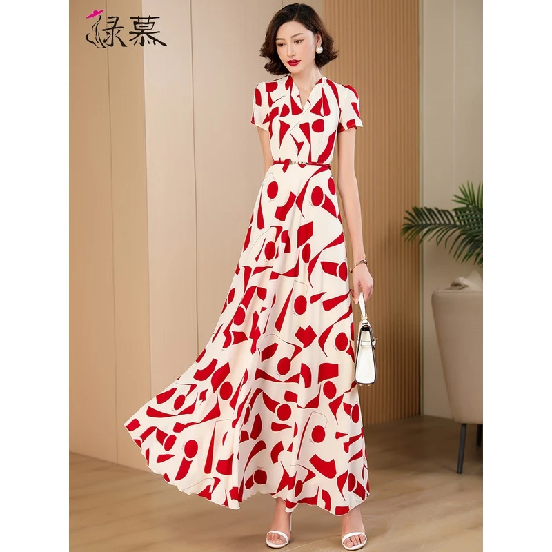 高级感时尚印花连衣裙2025夏季新时尚减龄端庄大气到脚踝大摆长裙