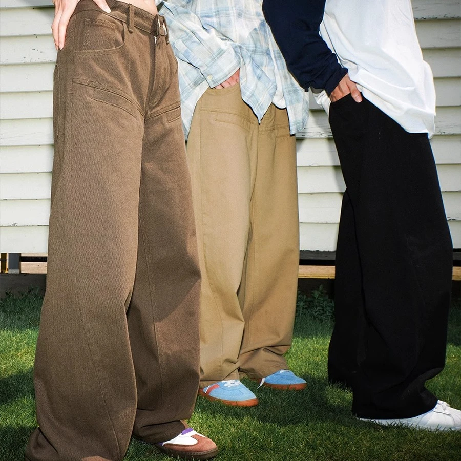 北港飞鸟卡其色棕色裤子男女春季情侣款长裤直筒宽松工装裤休闲裤