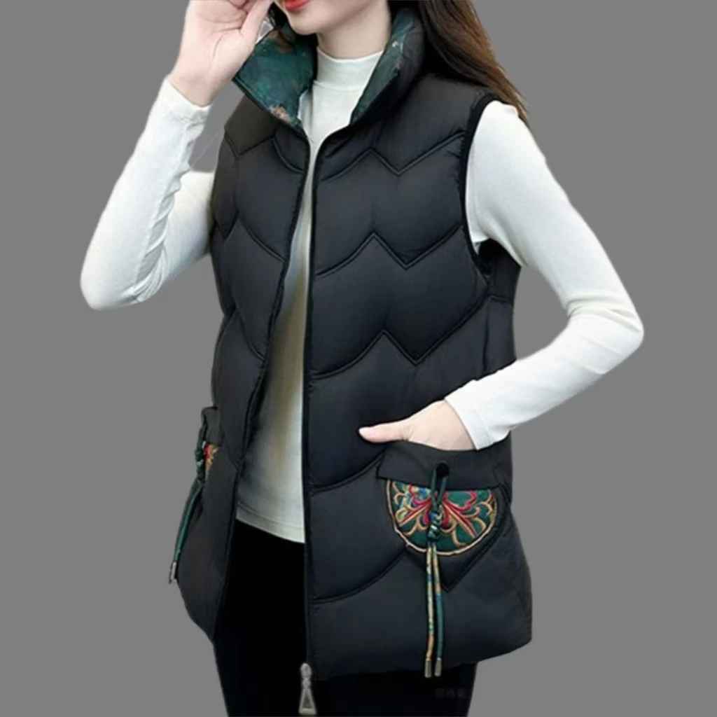 国风刺绣盘扣黑色红色保暖棉马甲女秋冬中式无袖立领小外套