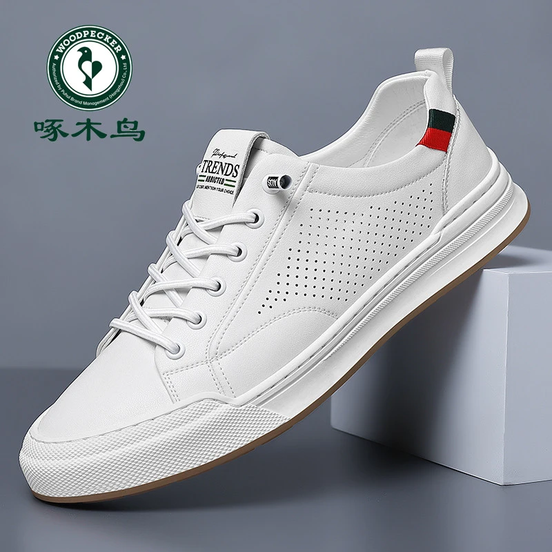 啄木鸟男鞋软底镂空凉皮鞋男韩版休闲鞋潮流百搭板鞋男真皮小白鞋
