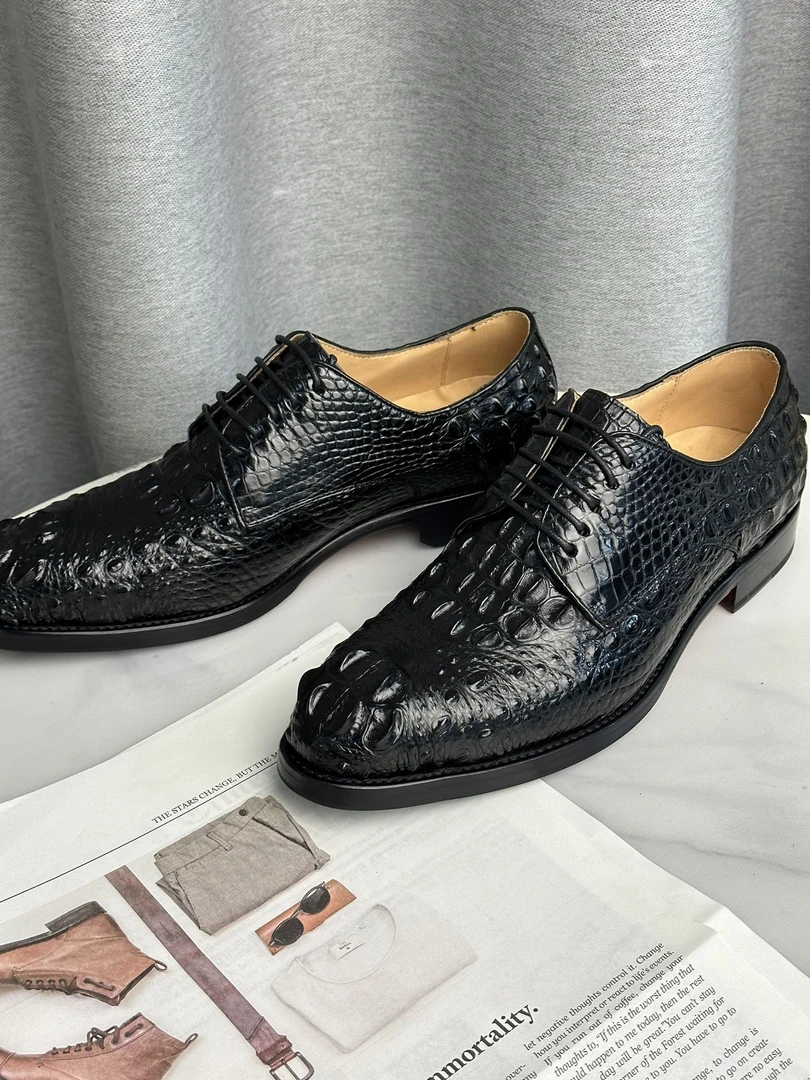 鳄鱼皮正装德比鞋低帮固特异系带男鞋商务皮鞋霸气时尚头骨款