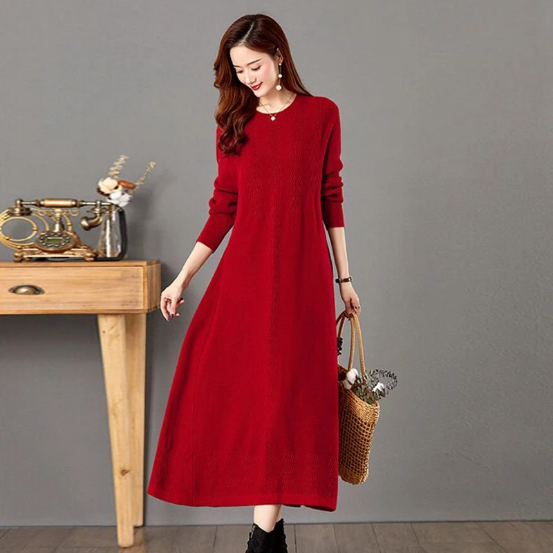 针织衫女中长款宽松大码洋气中年妈妈毛衣裙内搭秋冬打底衫连衣裙