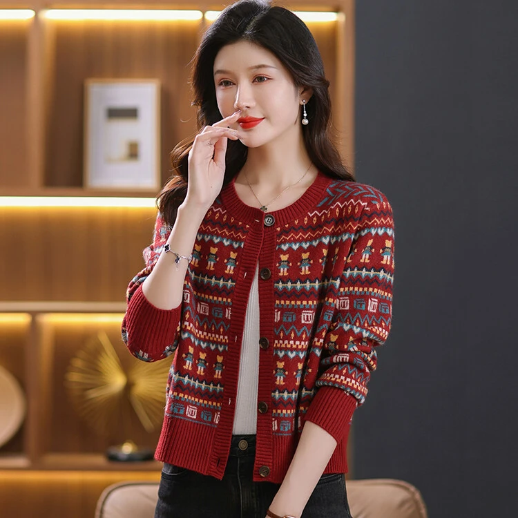 针织开衫毛衣女春秋冬季2025新款中年妈妈短款外套提花圆领上衣女