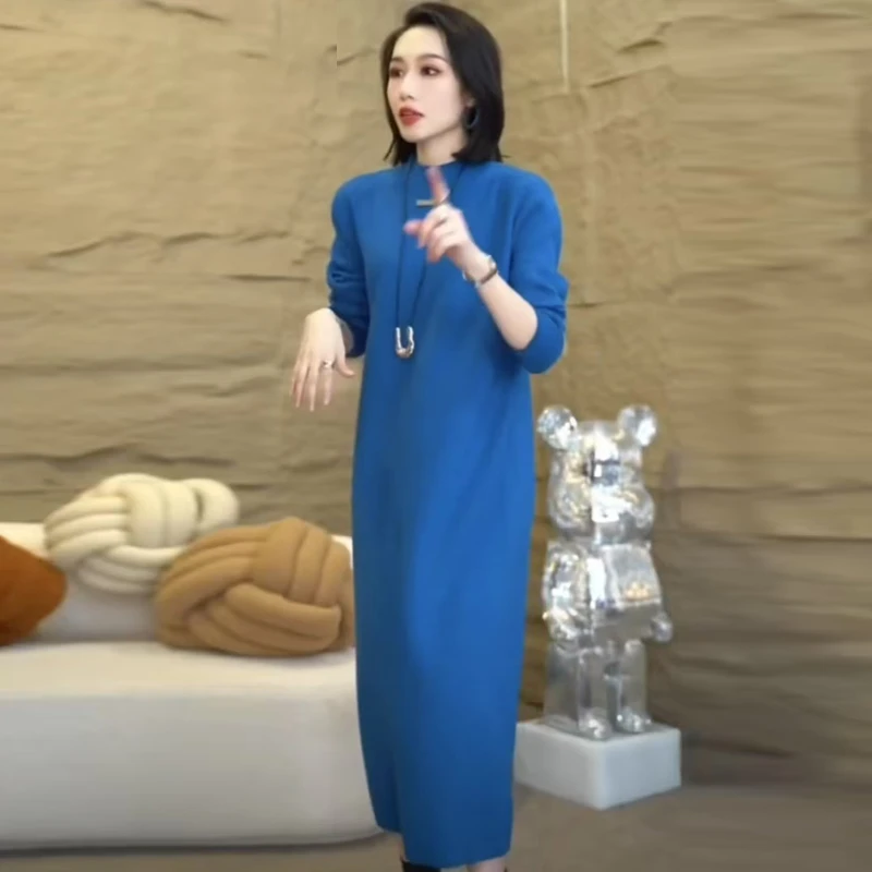 秋冬新款中长款针织衫女半高领纯色百搭打底羊毛衫配大衣的毛衣裙