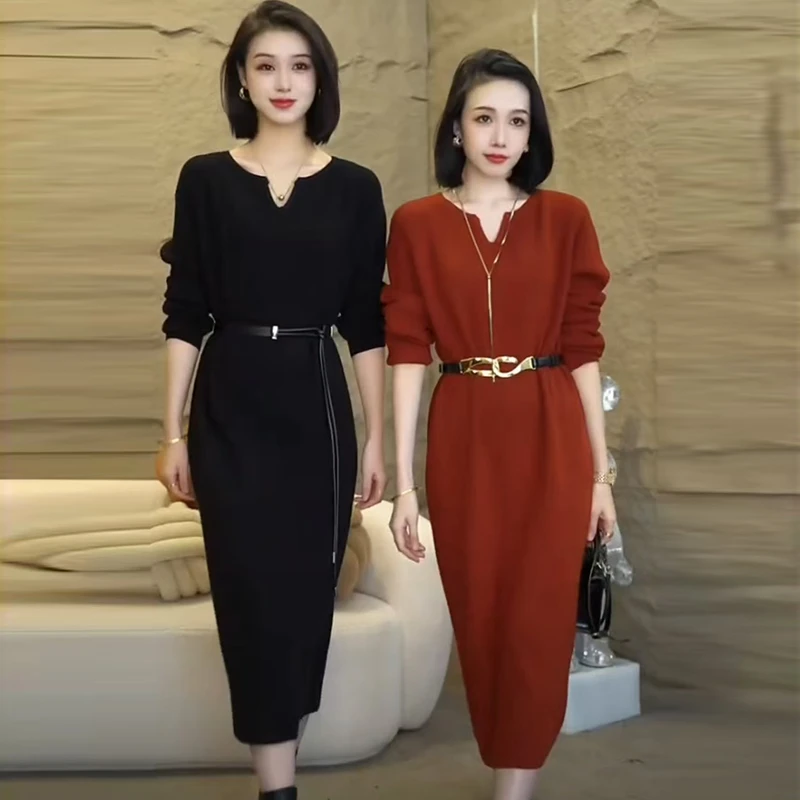 高级感过膝连衣裙女秋冬新款时尚针织衫时尚气质显瘦打底衫毛衣裙