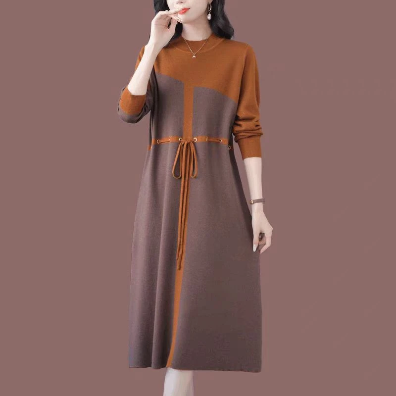 秋冬羊毛衫女收腰针织连衣裙半高领宽松大码妈妈装过膝打底毛衣裙