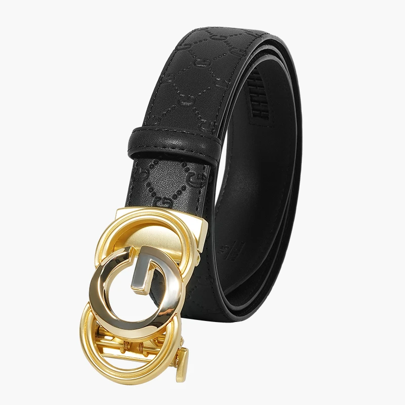 真牛皮皮带字母G自动扣压花时尚百搭商务休闲男士真皮腰带