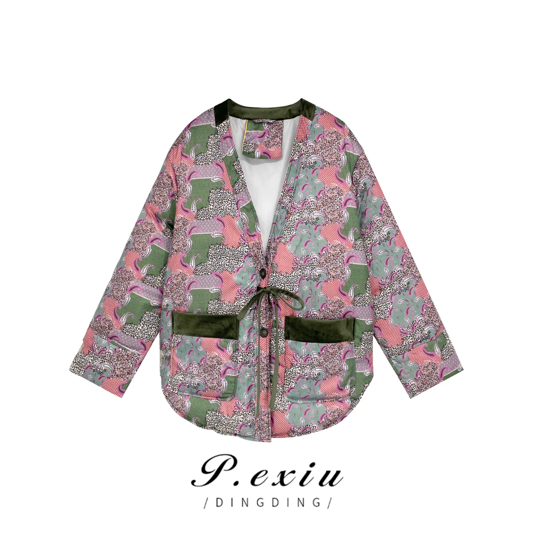 PanYiXiu/潘依绣【花罗】新中式国风V领撞色外套 MJ917