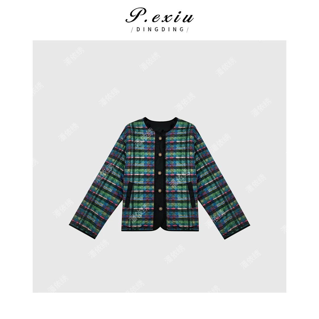 复古撞色格纹圆领排口两面穿夹棉外套 W-62626