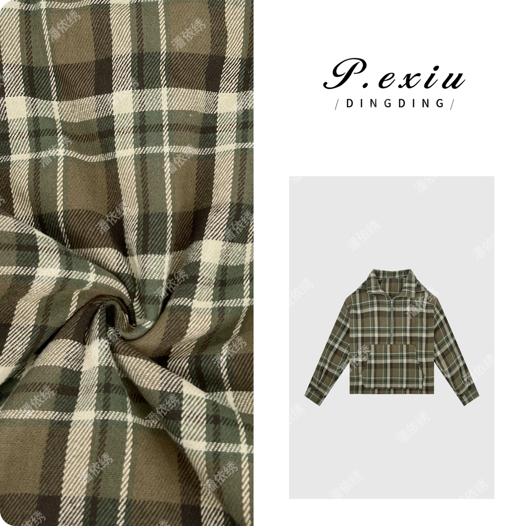 100%棉撞色格纹半拉链立领连帽外套 W-62545