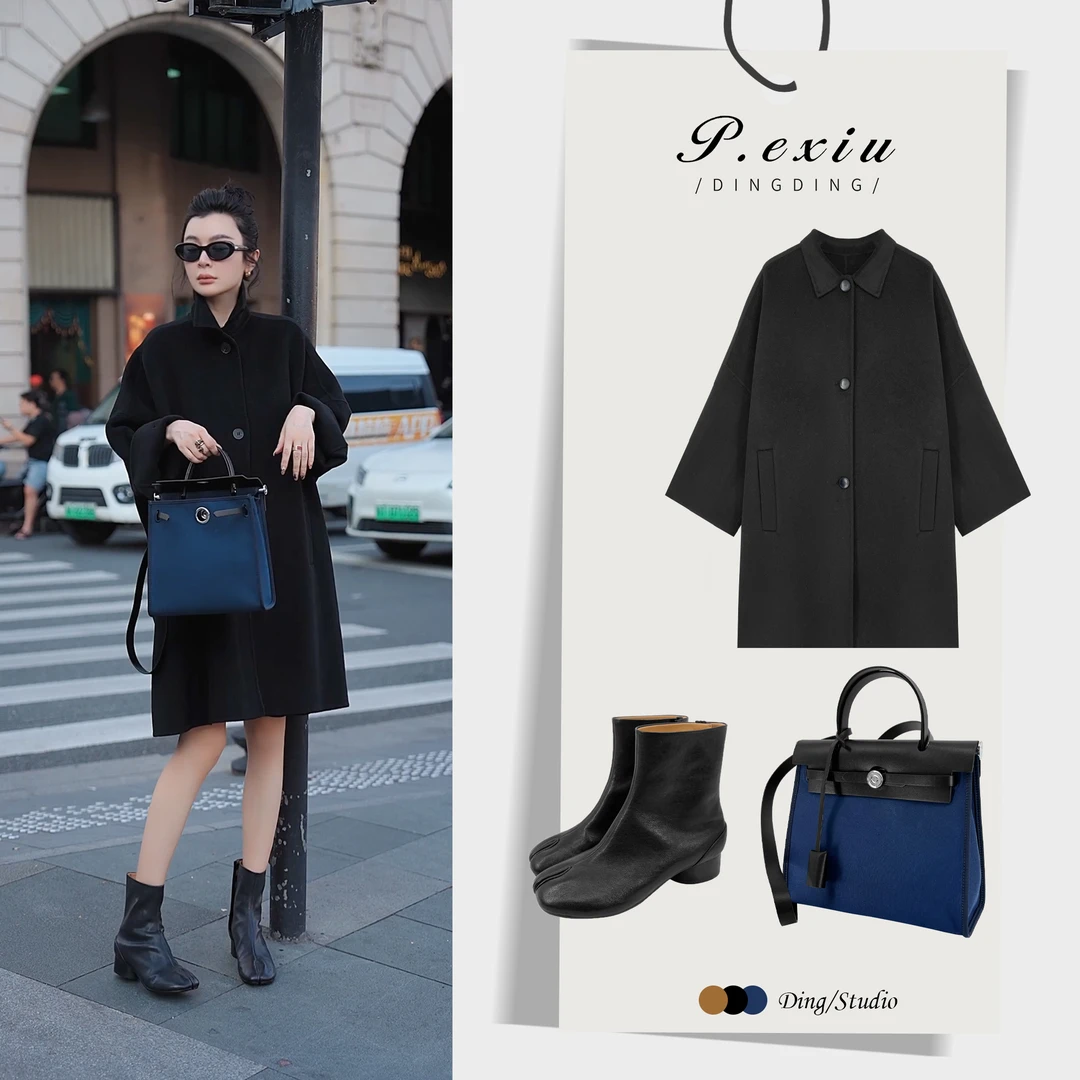 PanYiXiu/潘依绣100%绵羊毛冬季设计感翻领毛呢大衣 ZX24074