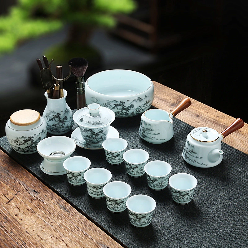 宋丰功夫茶具套装陶瓷家用办公水墨山水图案侧把壶盖碗茶道茶杯洗