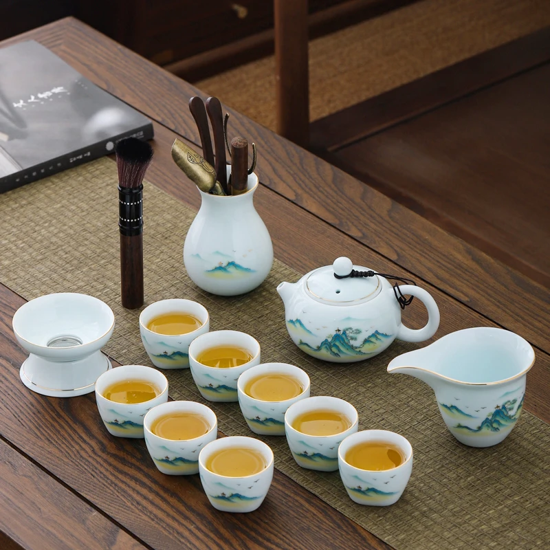功夫茶具陶瓷粉彩小清新家用办公轻奢小套装西施壶盖碗茶道干泡盘