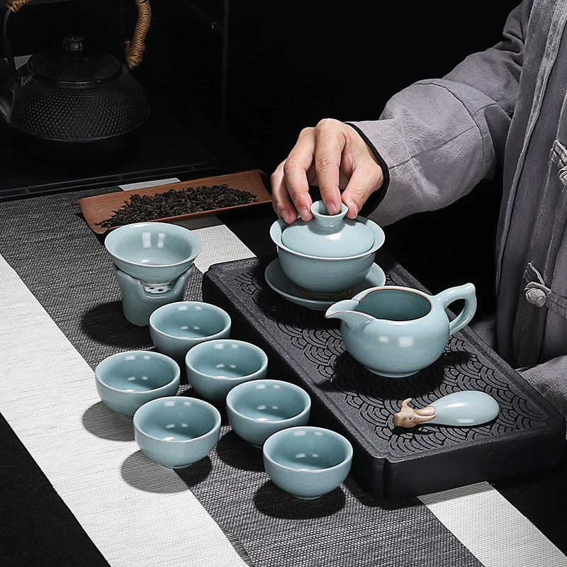 汝窑茶具套装支钉烧工艺不刮花茶盘家用简约盖碗侧把壶高档茶器