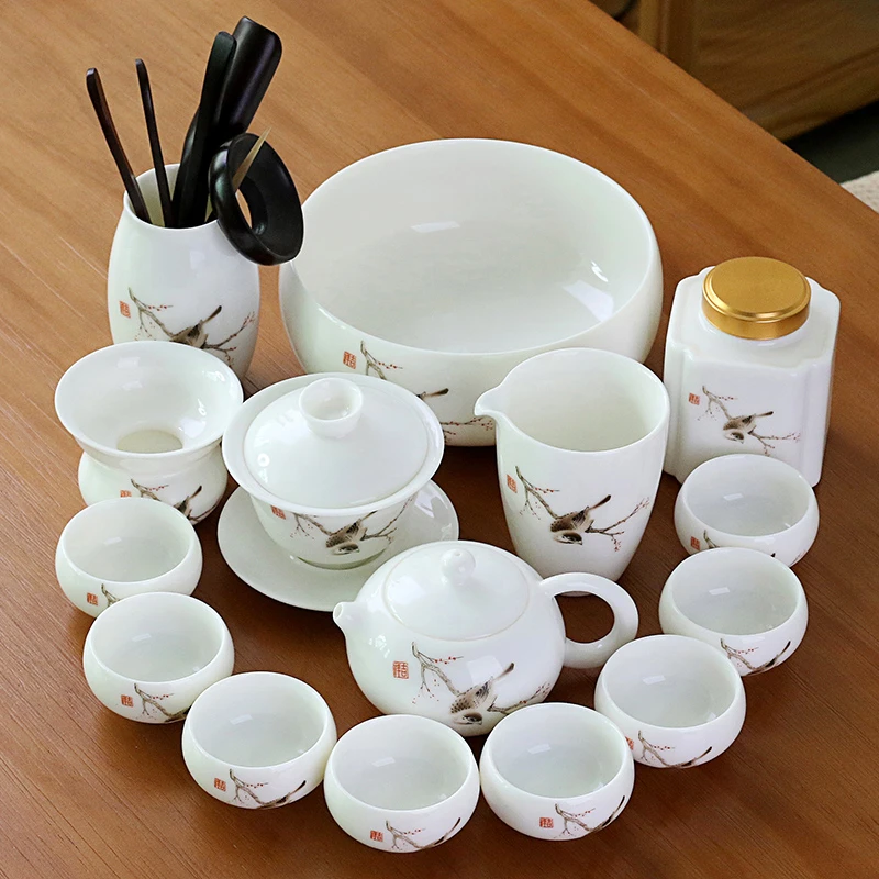 德化羊脂玉白瓷功夫茶具小套装陶瓷家用茶艺简约泡茶壶盖碗茶杯洗