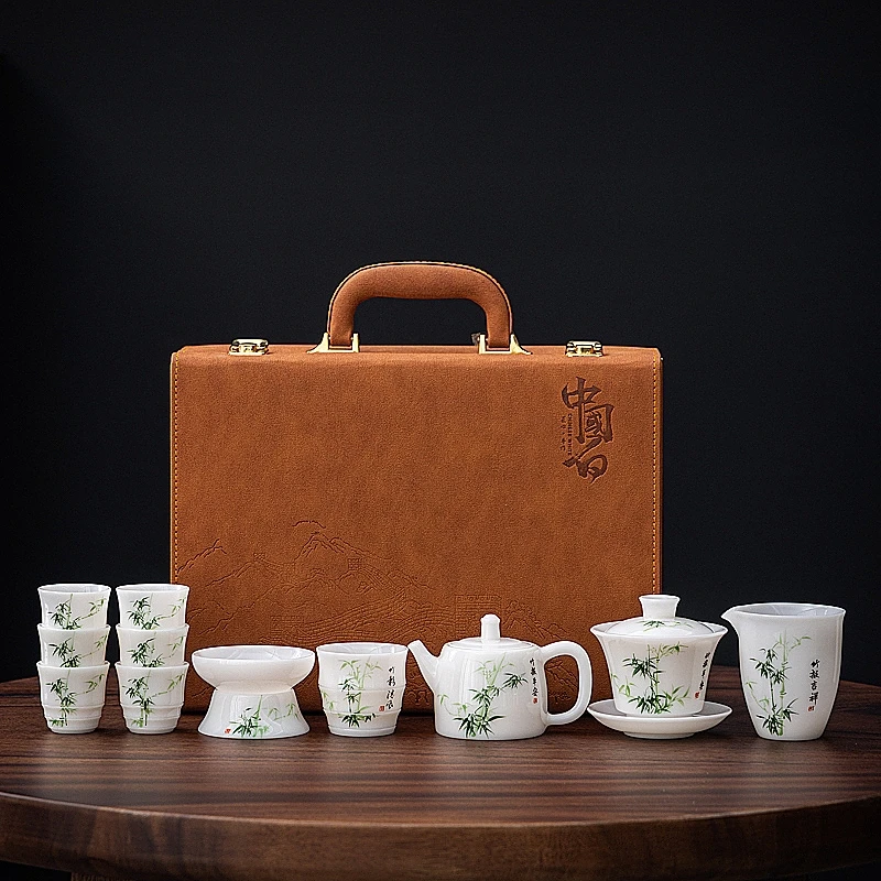 大师纯手绘高冰白瓷功夫茶具套装轻奢高端竹报平安盖碗井栏壶礼盒