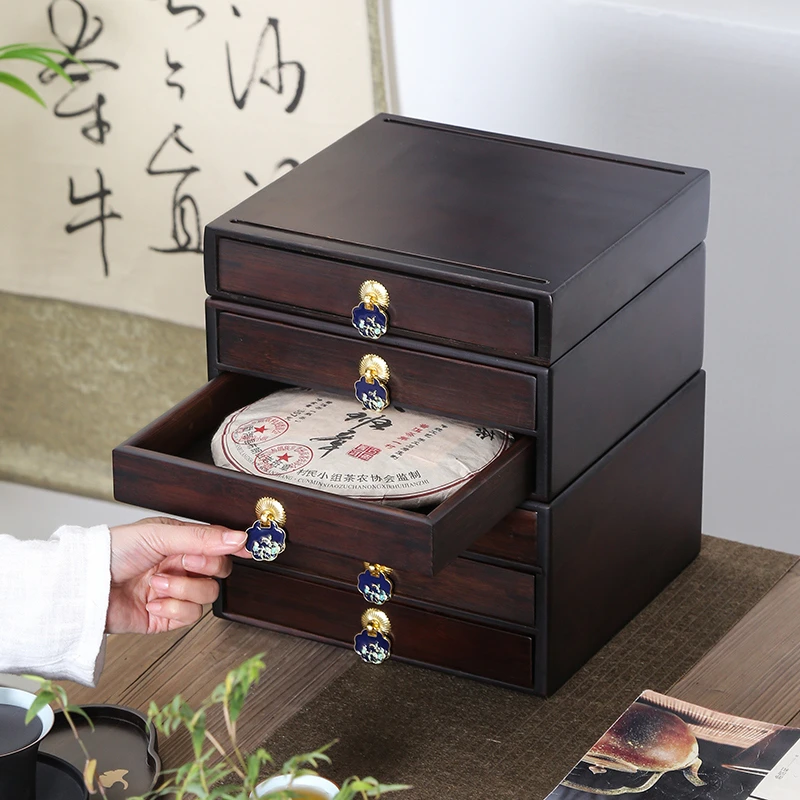 普洱茶盒收纳盒茶仓茶饼架竹制多层抽屉式分茶柜功夫茶道配件叠加