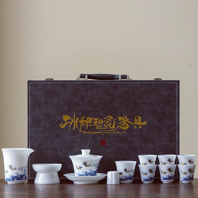 德化白瓷茶具套装原矿素烧无釉家用办公伴手礼盖碗茶具整套礼盒装