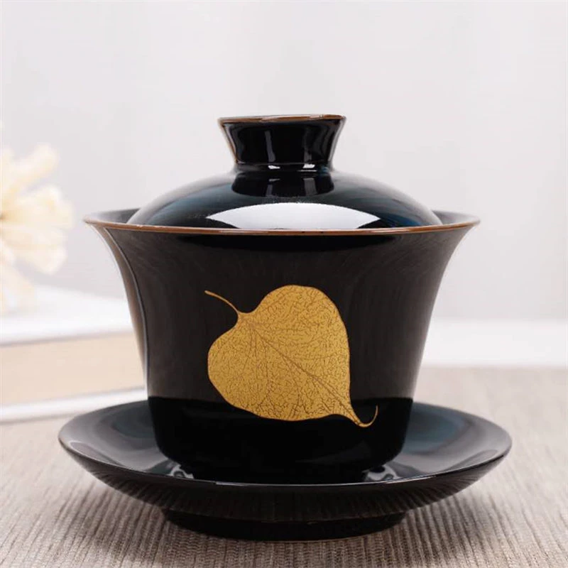 木叶盏功夫茶具套装菩提银杏树叶盏黑金釉盏盖碗茶壶茶道茶杯整套