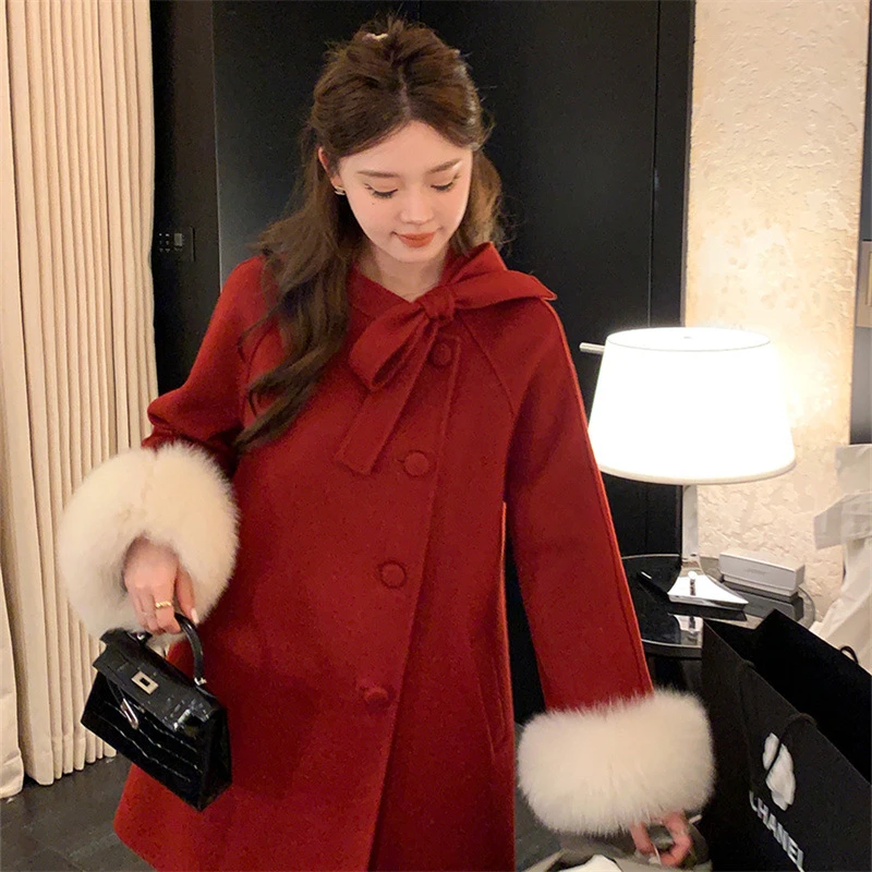 杨小卷富家千金蝴蝶结双面羊绒大衣女中长款狐狸毛斗篷羊毛呢外套