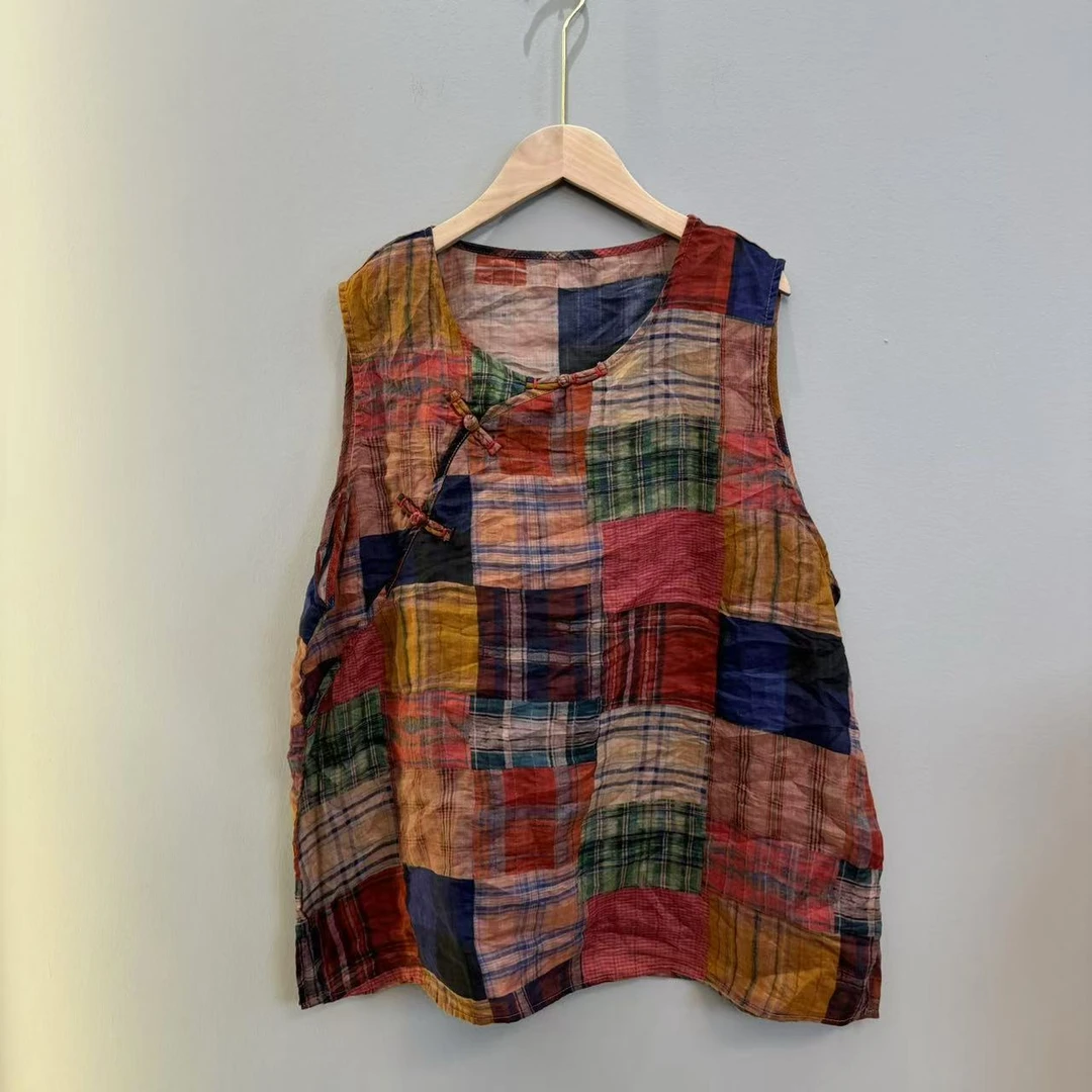 【夏季】花色薄款无袖复古时尚盘扣舒适休闲百搭宽松马甲【80-155】斤